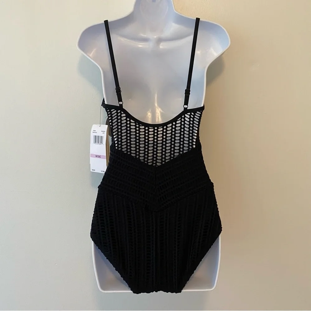 Contours Coco Reef Black Crochet Sterling V-Neck One Piece Swimsuit Size 8 32C - Picture 8 of 9